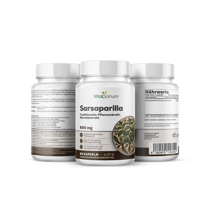 VitaSanum® Sarsaparilla Kapseln, 60 Stück. Drei Behälter mit pflanzlichem Wurzel-Extrakt.