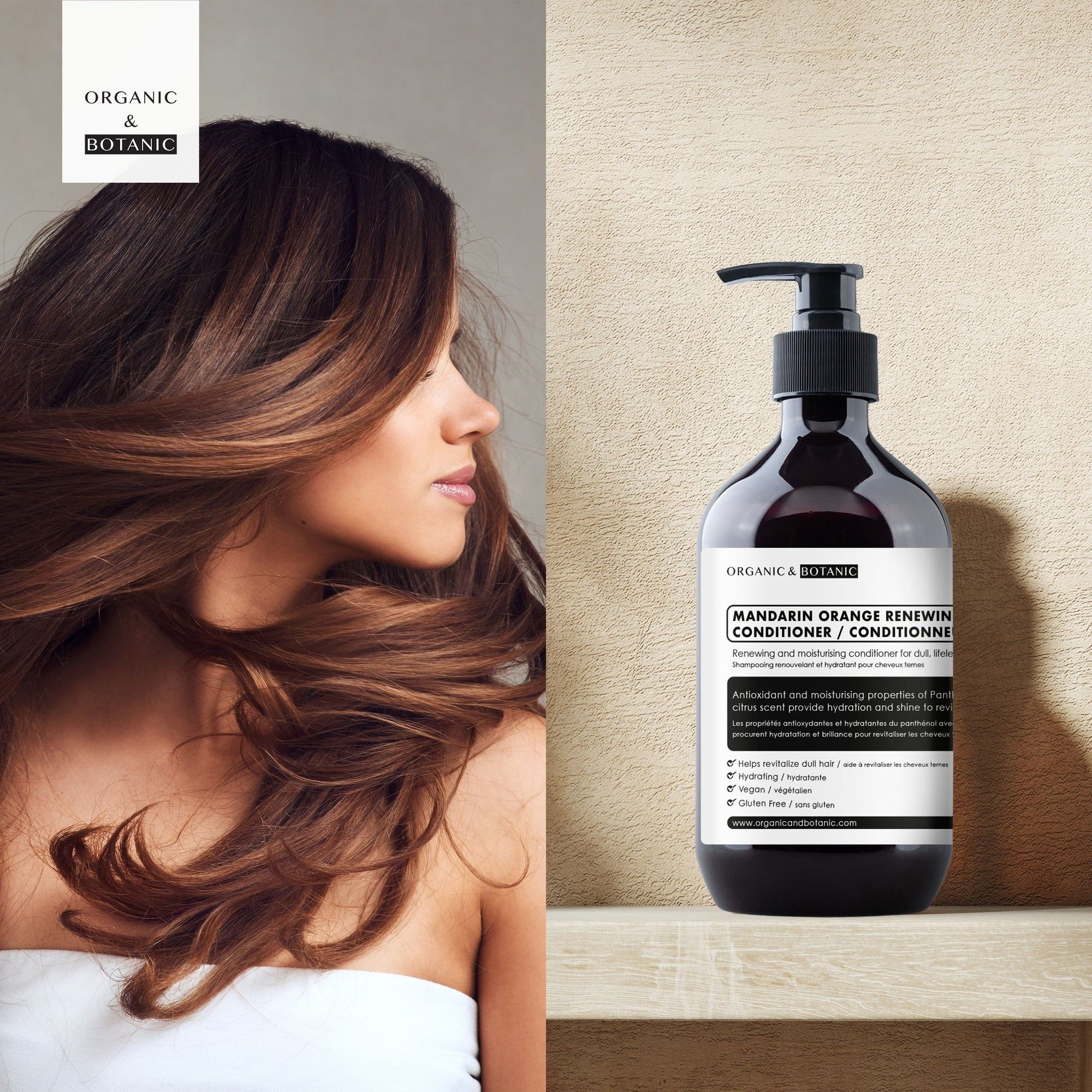 Braune Flasche mit schwarzem Pumpkopf. Etikett mit Produktinformationen: Mandarin Orange Renewing Conditioner. Marke: Organic & Botanic. Neben Frau mit Haaren.
