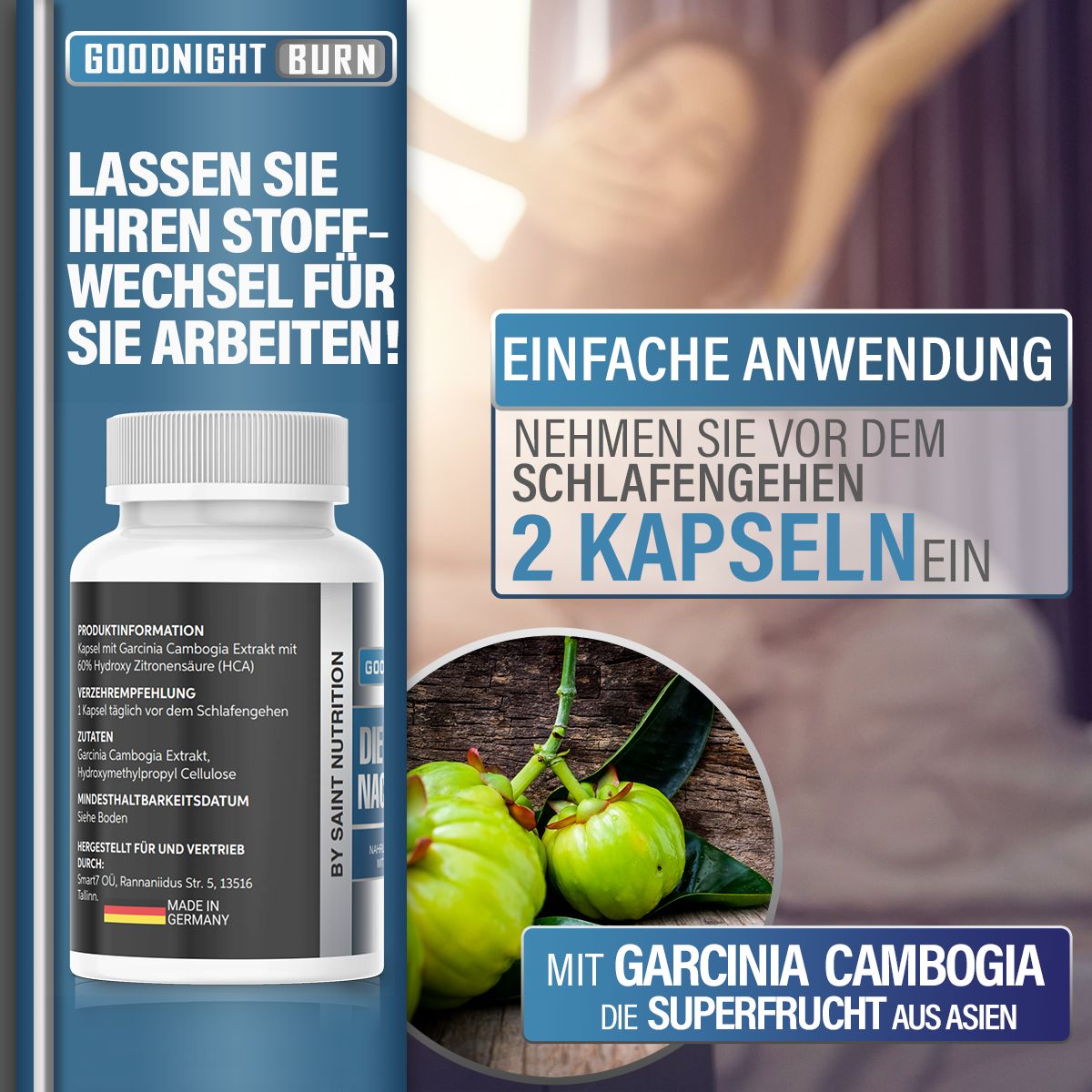 Produktflasche mit Text. Einnahme: 2 Kapseln vor dem Schlafengehen. Garcinia Cambogia. Marke: Saint Nutrition.