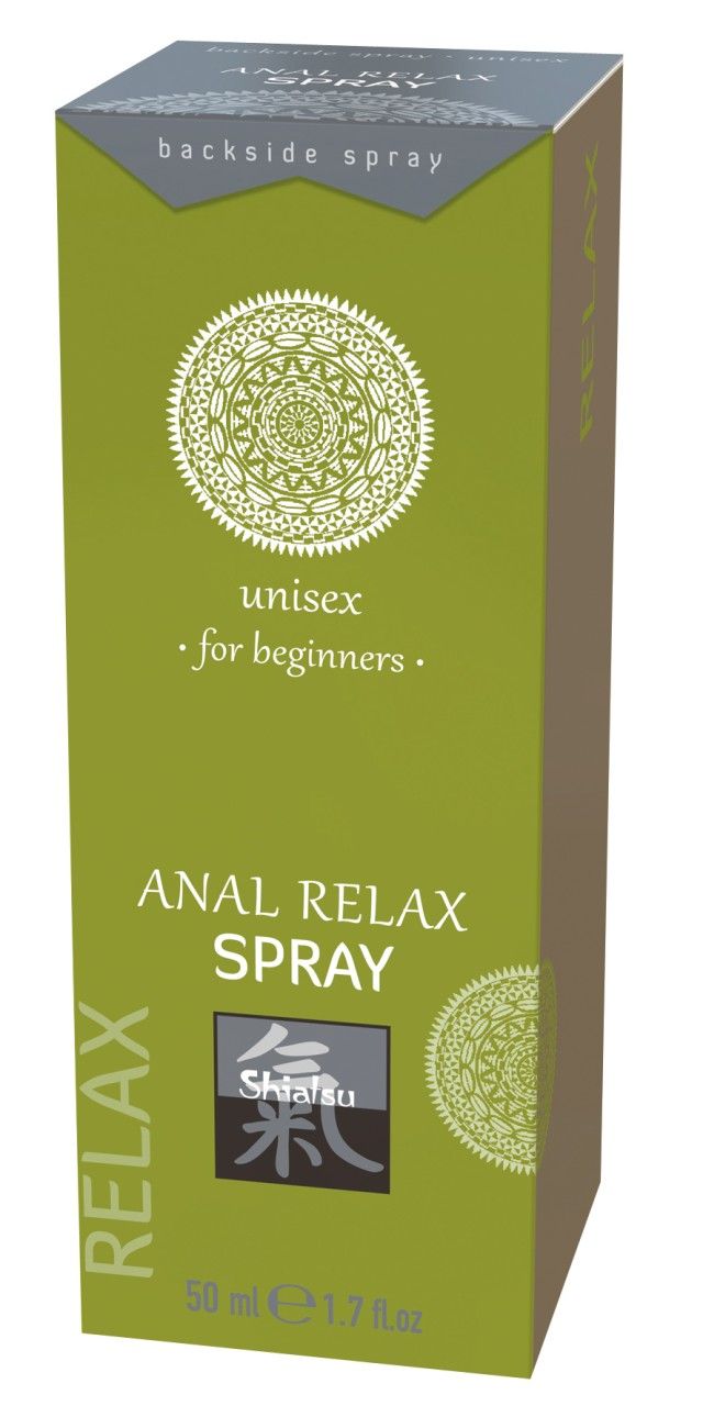 Grüne Verpackung mit ANAL RELAX SPRAY-Aufdruck. 50ml, 1.7 fl.oz. Text: unisex - für Anfänger.