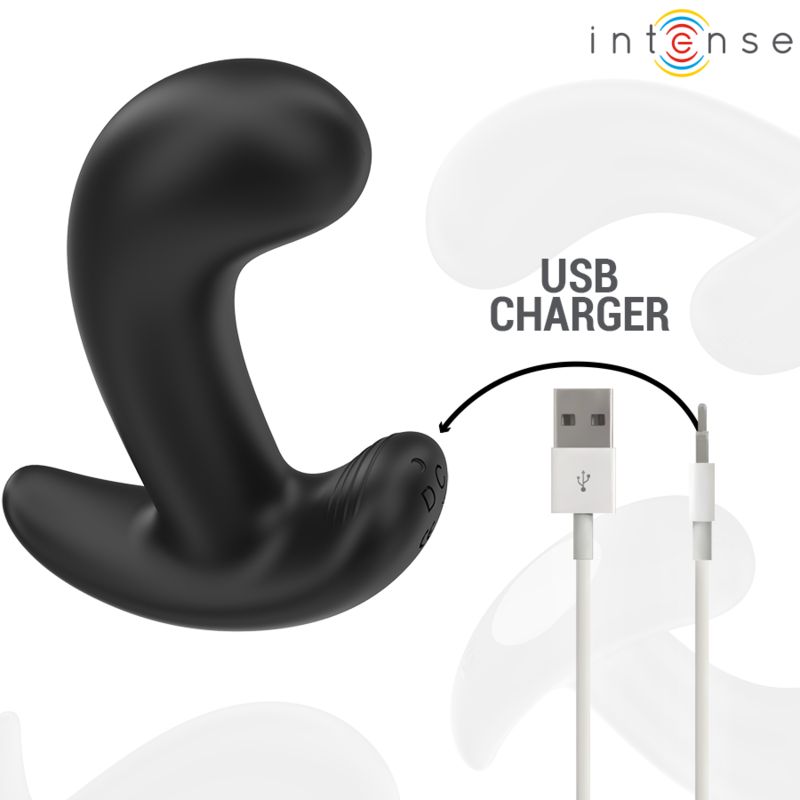 Schwarzer Anal Plug mit USB-Ladekabel. Marke: Intense. DC-Kennzeichnung.