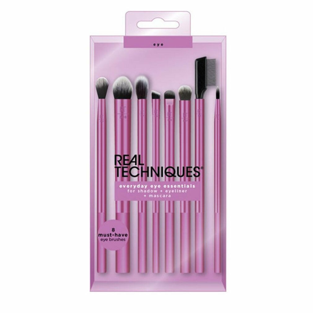 Set mit 8 Augenpinseln in Verpackung. Marke REAL TECHNIQUES. Text: everyday eye essentials.