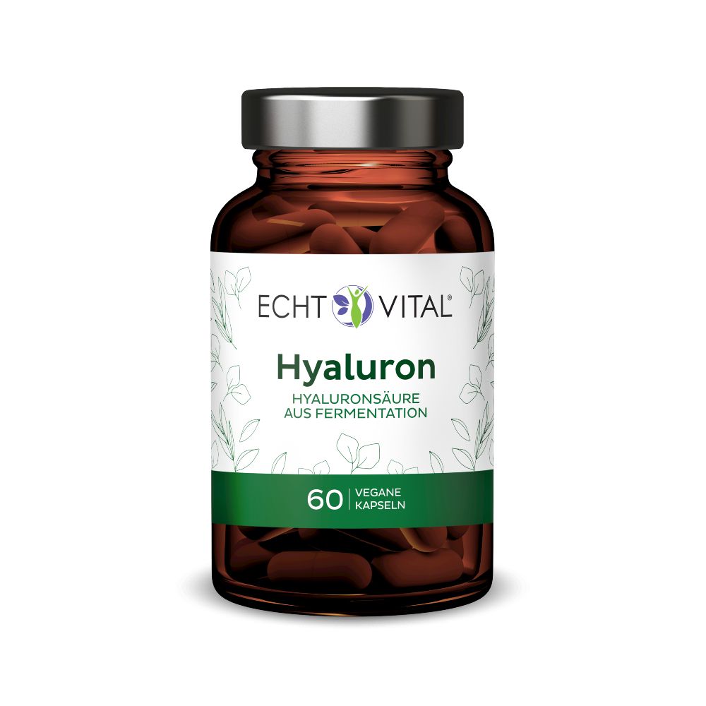 Braune Glasflasche mit Kapseln. Etikett mit "Echt Vital Hyaluron" und "60 Kapseln".