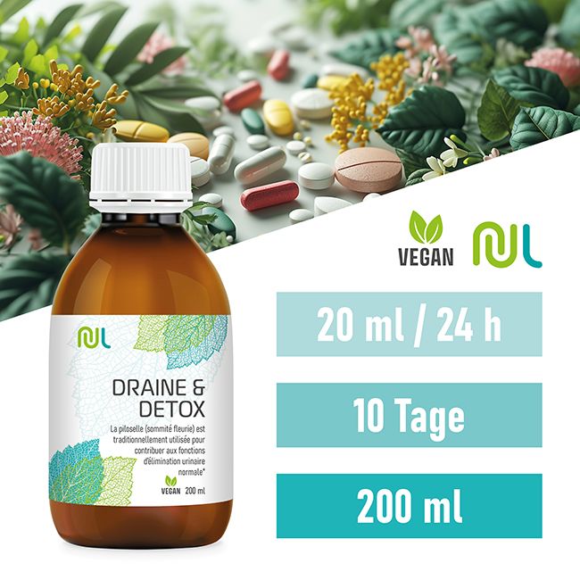 Braune Flasche mit weißem Deckel. Etikett mit Logo, Blättern und Text: Draine & Detox. Vegan. Zusätzliche Textfelder.