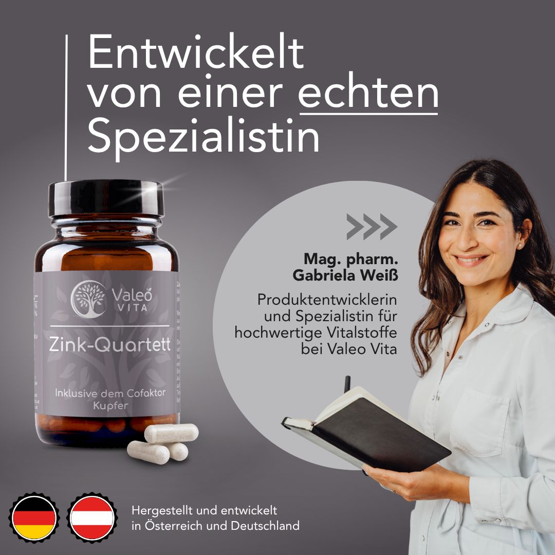 Produkt mit Kapseln neben Frau. Text: Valeo Vita Zink-Quartett. Hergestellt in Österreich und Deutschland. Frau hält Notizbuch.