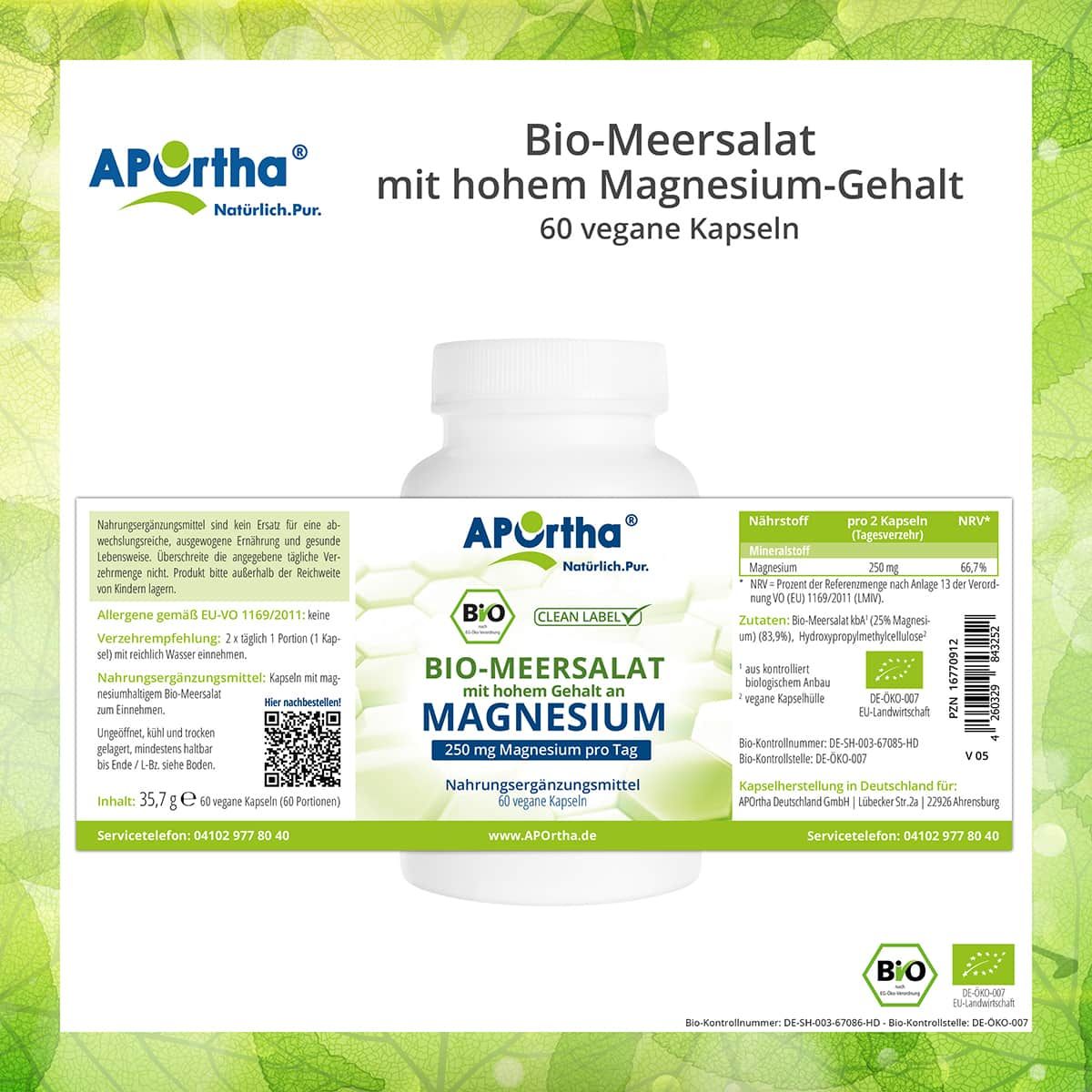 APOrtha® Bio-Meersalat Kapseln. Aufschrift: Bio-Meersalat mit Magnesium. 250 mg Magnesium pro Tag. 60 vegane Kapseln. Nährwertangaben.