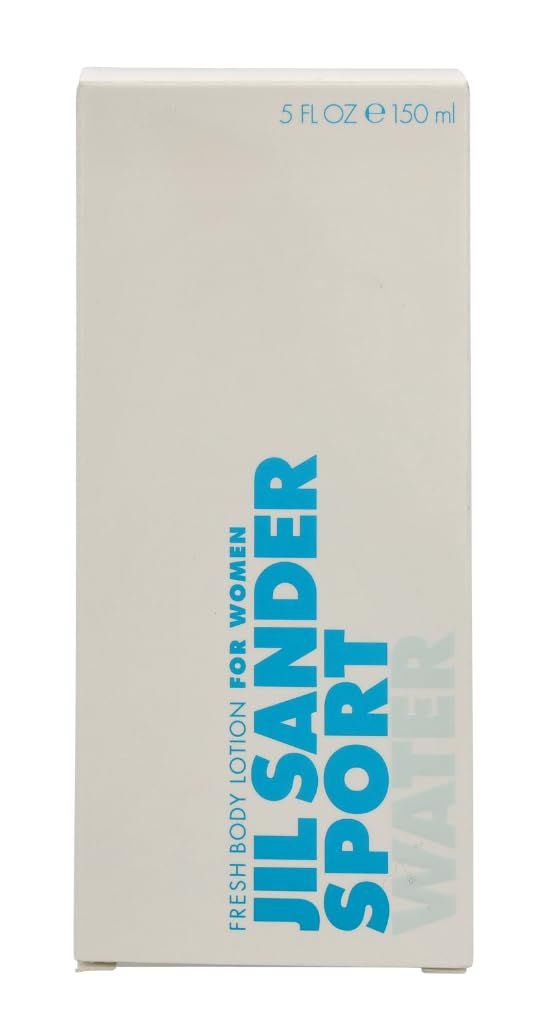 Weiße Verpackung mit blauem Schriftzug Jil Sander Sport Water. Text: Fresh Body Lotion for Women. 5 fl oz e 150 ml.