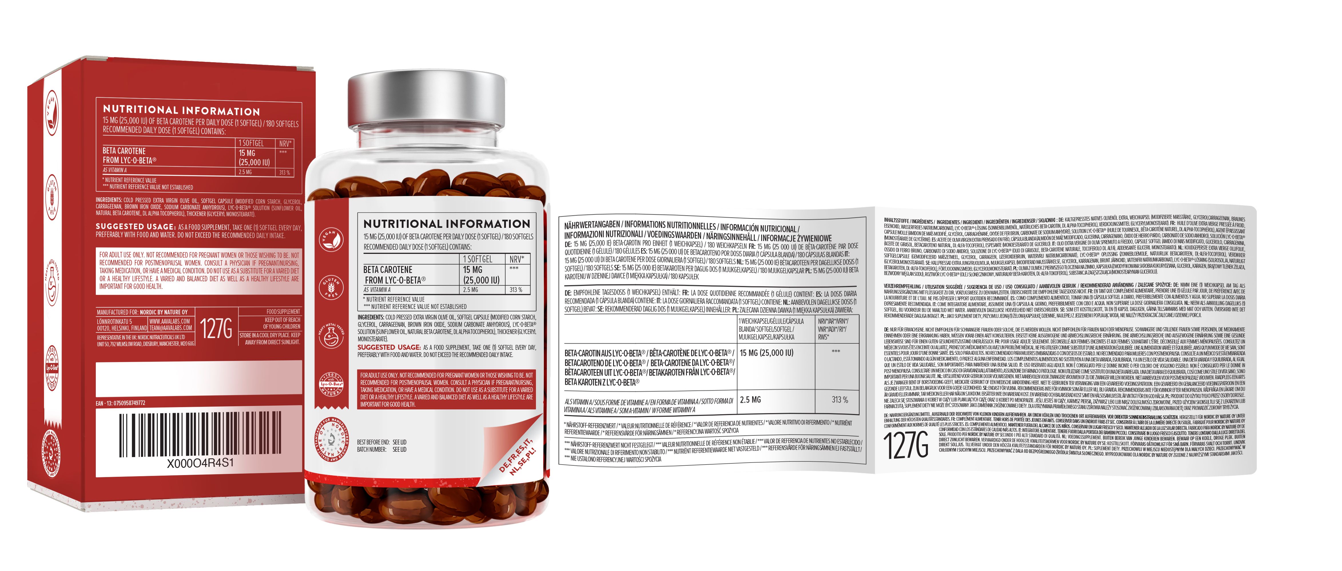 Produktverpackung mit Flasche und Beipackzettel. Enthält Informationen zu Nährwerten und Anwendung.