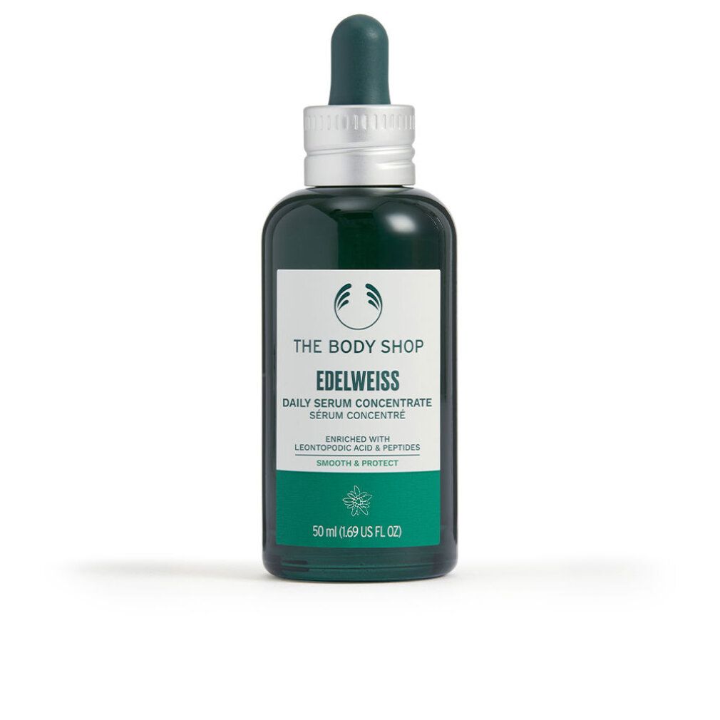 Grüne Flasche mit Pipette. Aufschrift: The Body Shop Edelweiss Daily Serum Concentrate. Enthält Leontopodium Acid & Peptide. 50 ml.