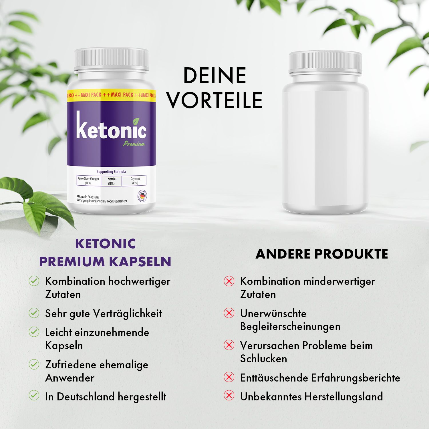 Vergleich von Ketonic Premium Kapseln und einem anderen Produkt. Vorteile vs. Nachteile. Weiße Flasche mit lila Etikett.