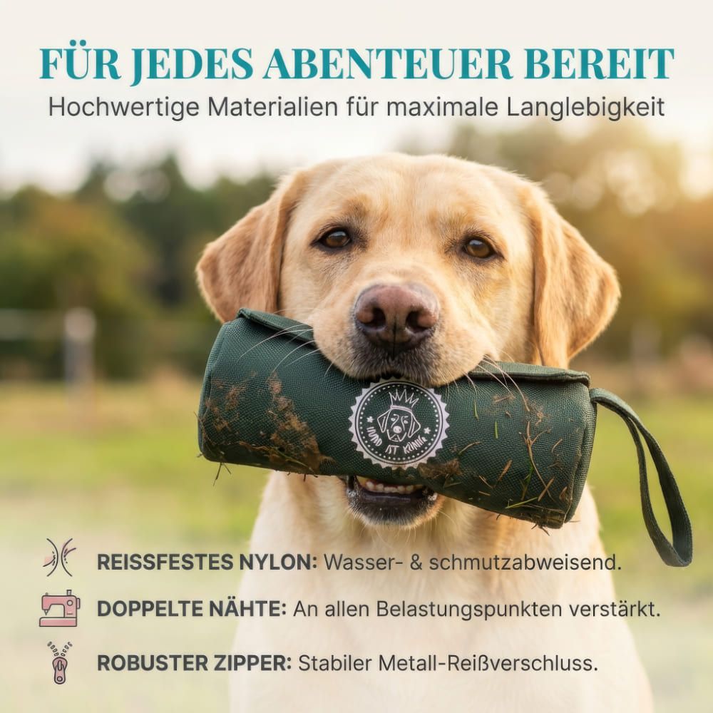 Hund mit grünem Futterbeutel im Maul. Text: Für jedes Abenteuer bereit. Reißfestes Nylon, doppelte Nähte, robuster Reißverschluss.