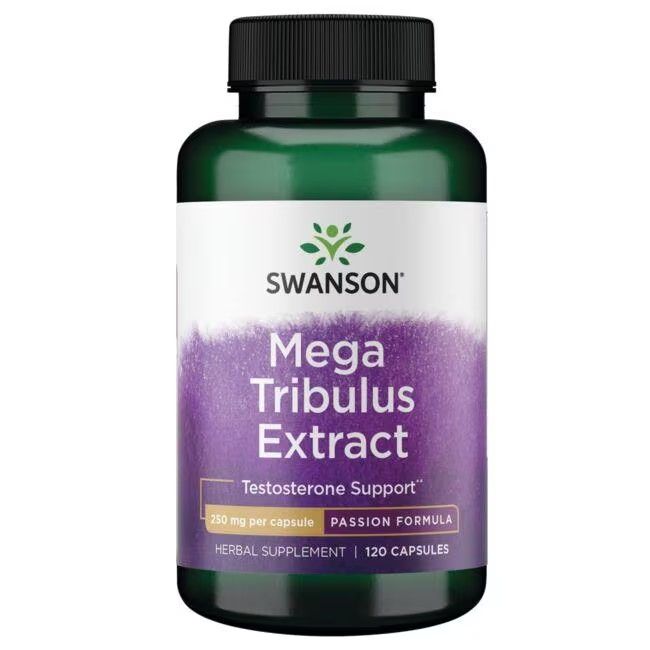 Grüne Flasche mit weißem Etikett. Aufschrift: SWANSON Mega Tribulus Extract, 250 mg pro Kapsel, 120 Kapseln.