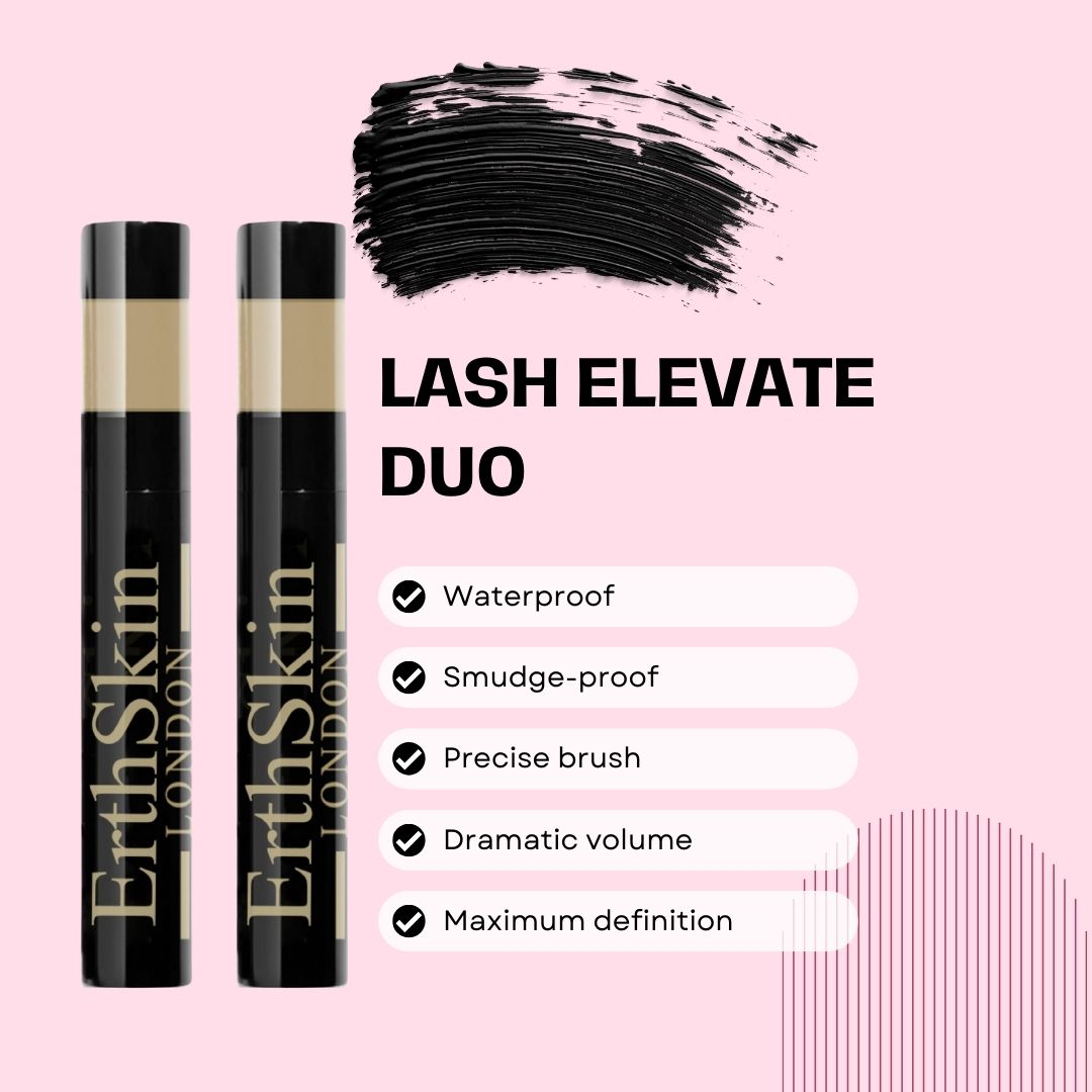 Zwei schwarze Mascara-Tuben mit goldfarbenem Text. Aufschrift: ErthSkin London. Beigefarbener Bereich am oberen Ende. Text: Lash Elevate Duo, Waterproof, Smudge-proof.