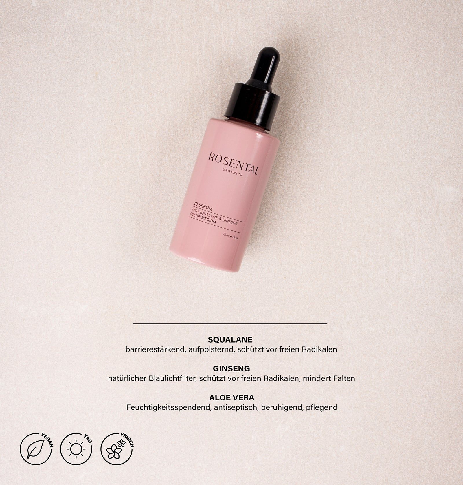 Rosa Flasche mit Pipette. Text: Rosental Organics, BB Serum, Color Dark. Inhaltsstoffe: Squalane, Ginseng, Aloe Vera.