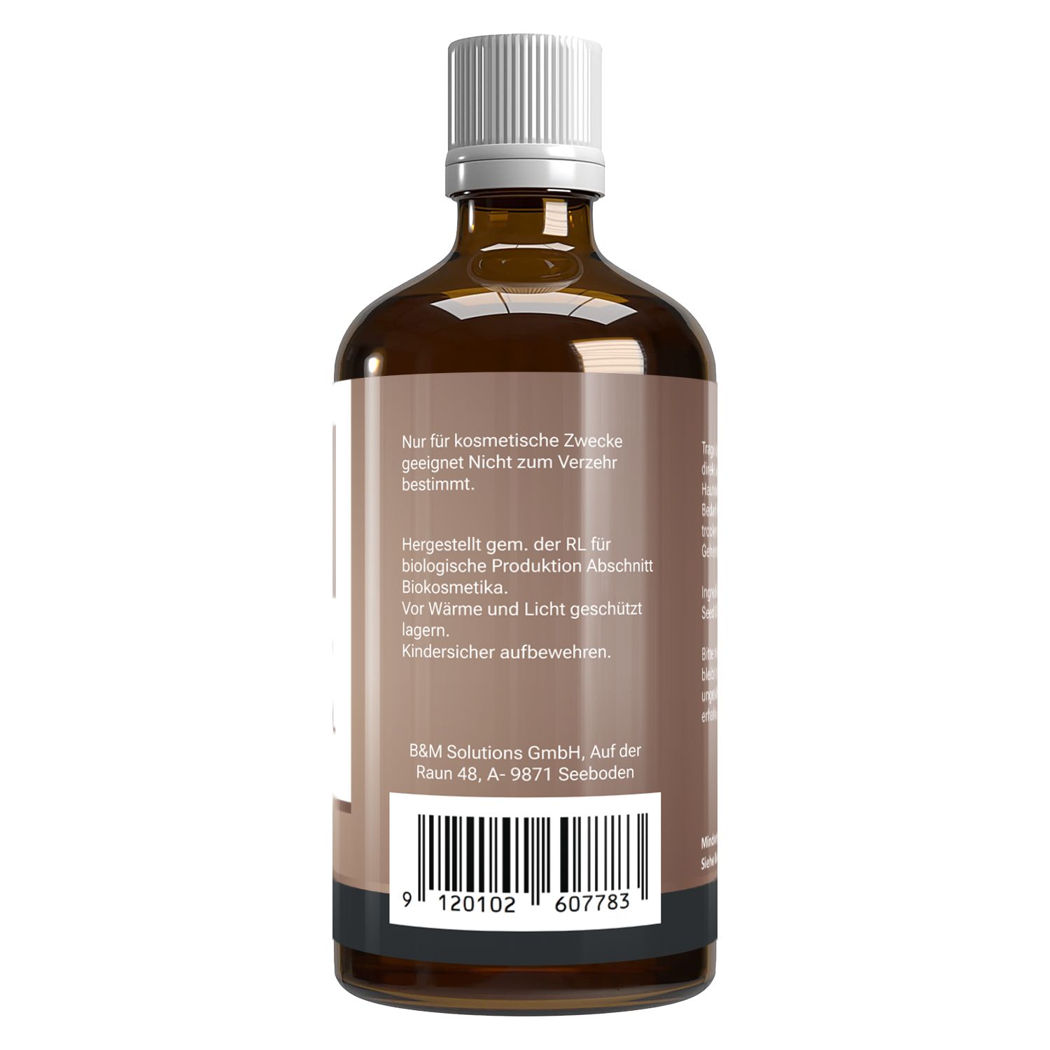 Braune Glasflasche mit weißem Deckel. Rückseite mit Text: Kosmetische Zwecke, Herstellung, Lagerung, Barcode.