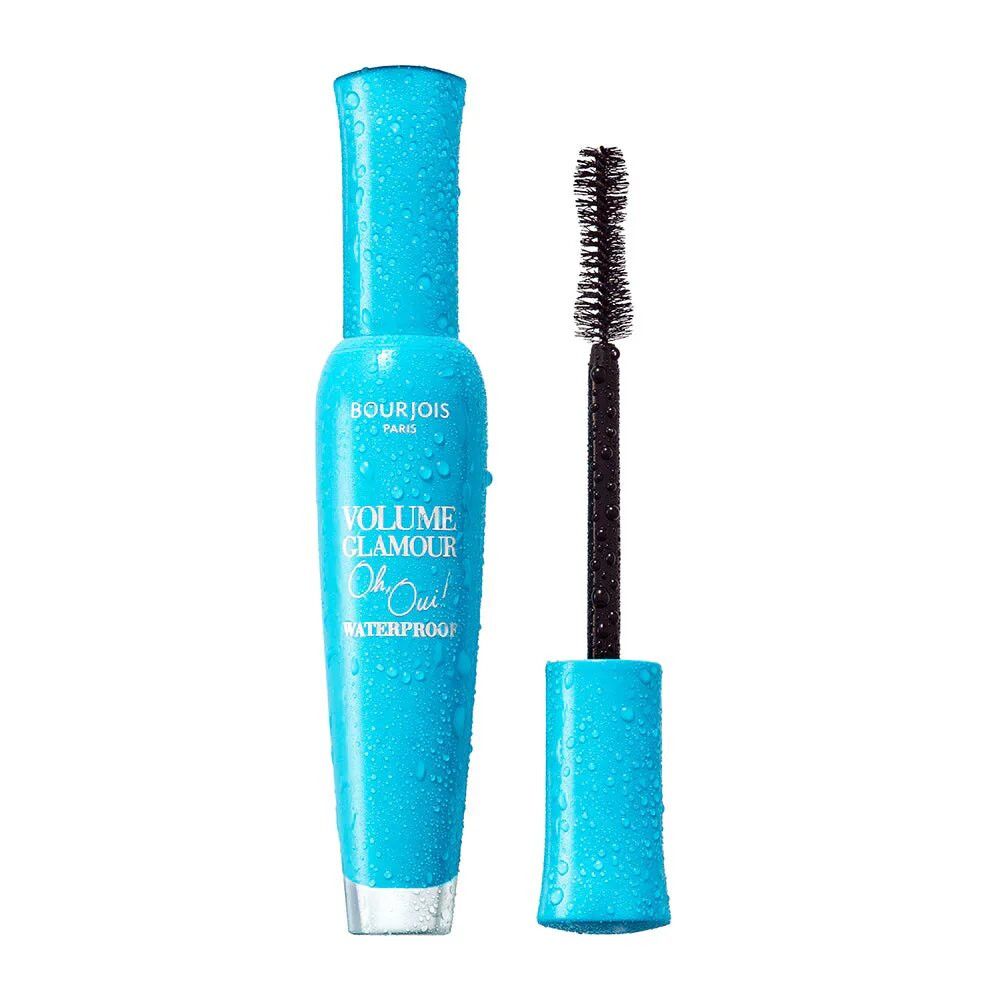 Bourjois Volume Glamour Mascara, blau, mit aufgestecktem Applikator.