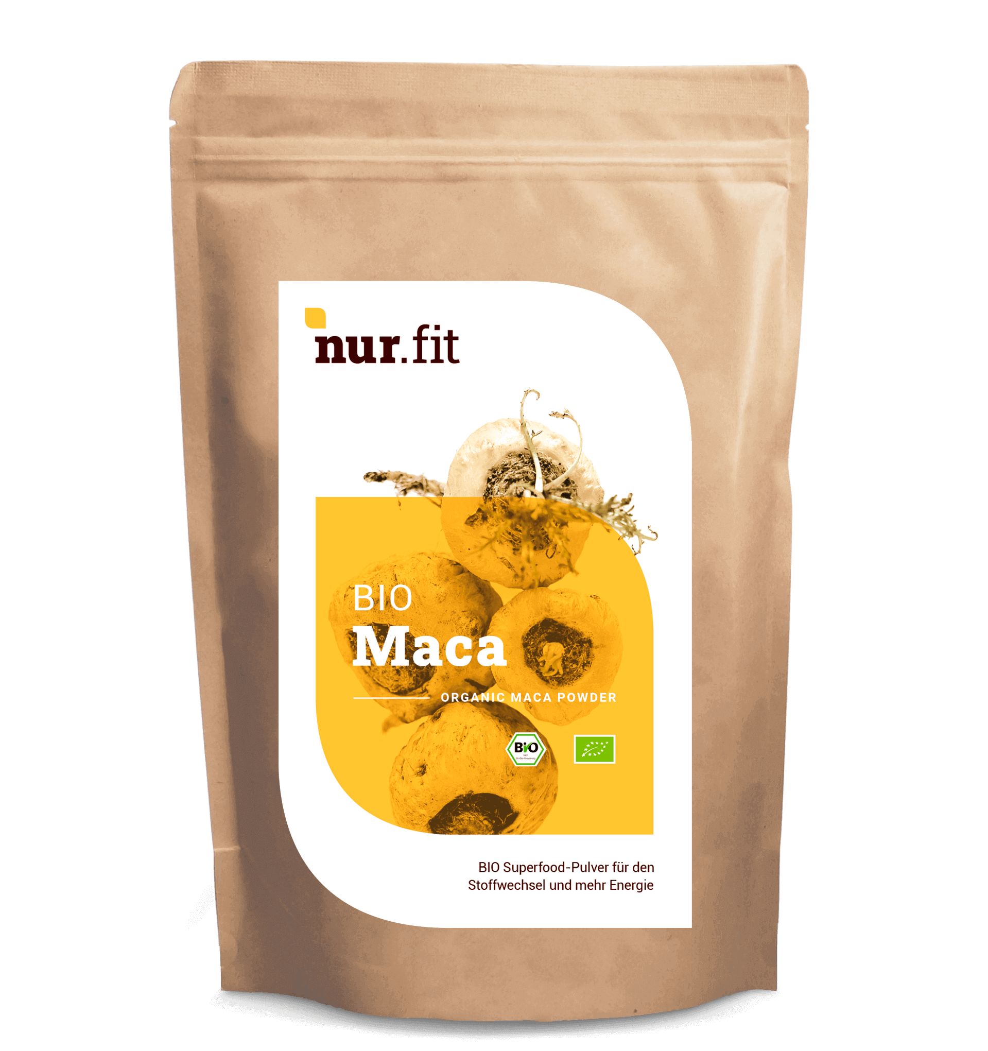 Beutel mit BIO Maca Pulver. Aufkleber mit Produktbild und Logo. Bio-Siegel.