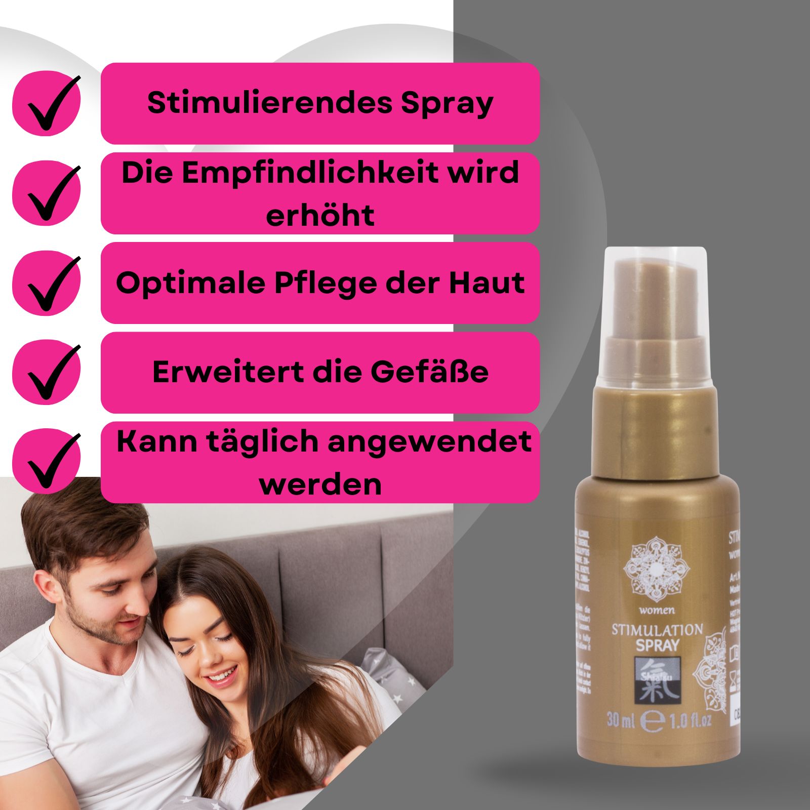 Goldfarbene Sprühflasche und Text mit Produktvorteilen. Paar im Bett. Aufschrift: STIMULATION SPRAY, 30 ml.