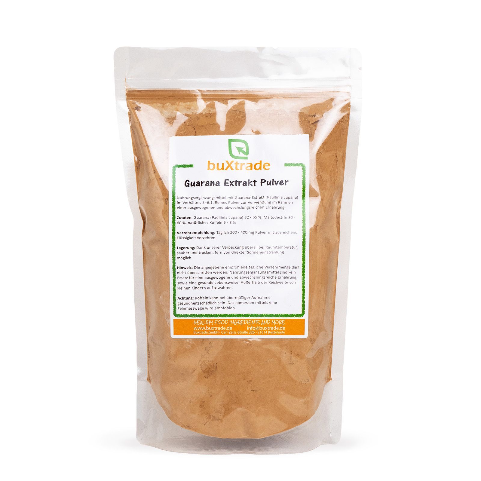 Beutel mit braunem Pulver und Etikett. Text: buXtrade Guarana Extrakt Pulver.