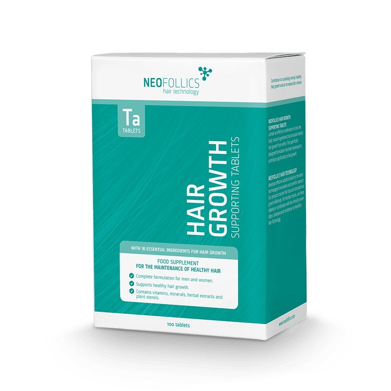Verpackung von Neofollics Haarwachstum unterstützende Tabletten, 100 Stück.