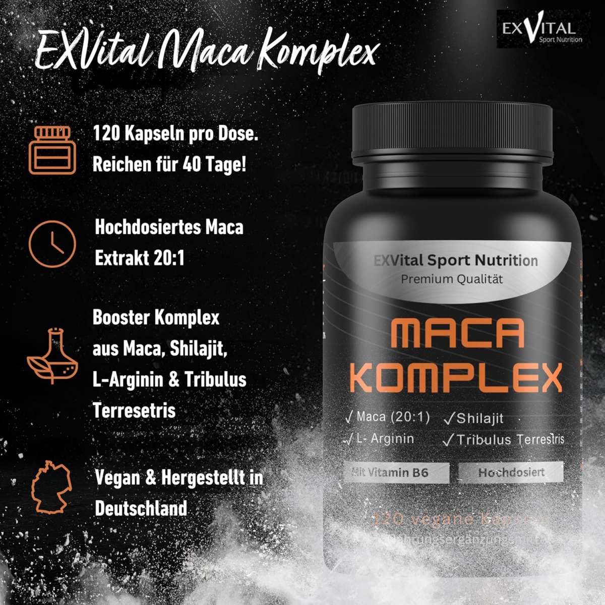 Produktflasche mit Text und Icons. Text: Maca Komplex, 120 Kapseln, Inhaltsstoffe. Icons: Booster Komplex, Vegan, Hergestellt in Deutschland.