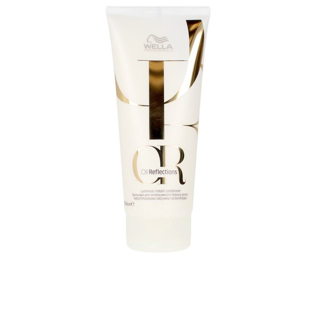 Weiße Tube mit goldfarbenem Schriftzug "Wella". Produktname "Oil Reflections" und "Luminous Instant Conditioner".