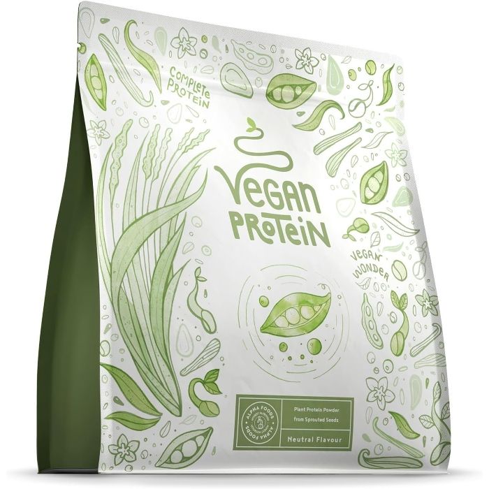 Standbodenbeutel mit veganem Proteinpulver und pflanzlichen Motiven.