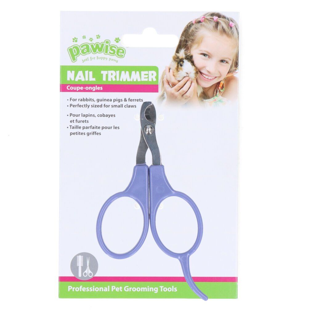 Verpackung mit Krallenschere. Produktname: Nail Trimmer. Marke: Pawise. Abbildung eines Kindes mit Meerschweinchen.