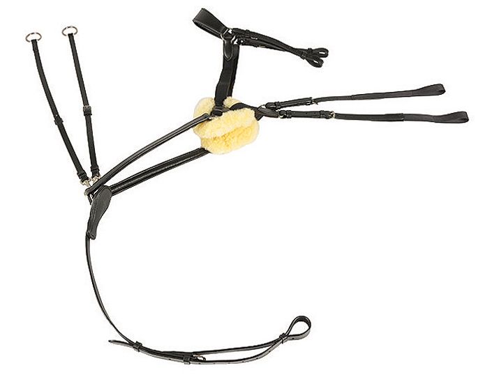 Schwarzes Vorderzeug 5 Punkte mit gelbem Polster. Lederriemen, Metallringe und Schnallen.