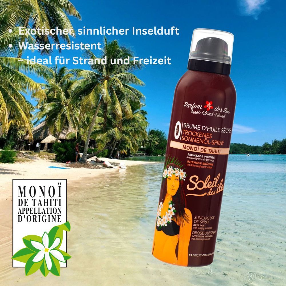 Braunes Spray vor Strandkulisse. Aufdruck: "Soleil des îles". Illustration einer Frau mit Blumenkranz. Text: "Brume d'huile sèche".