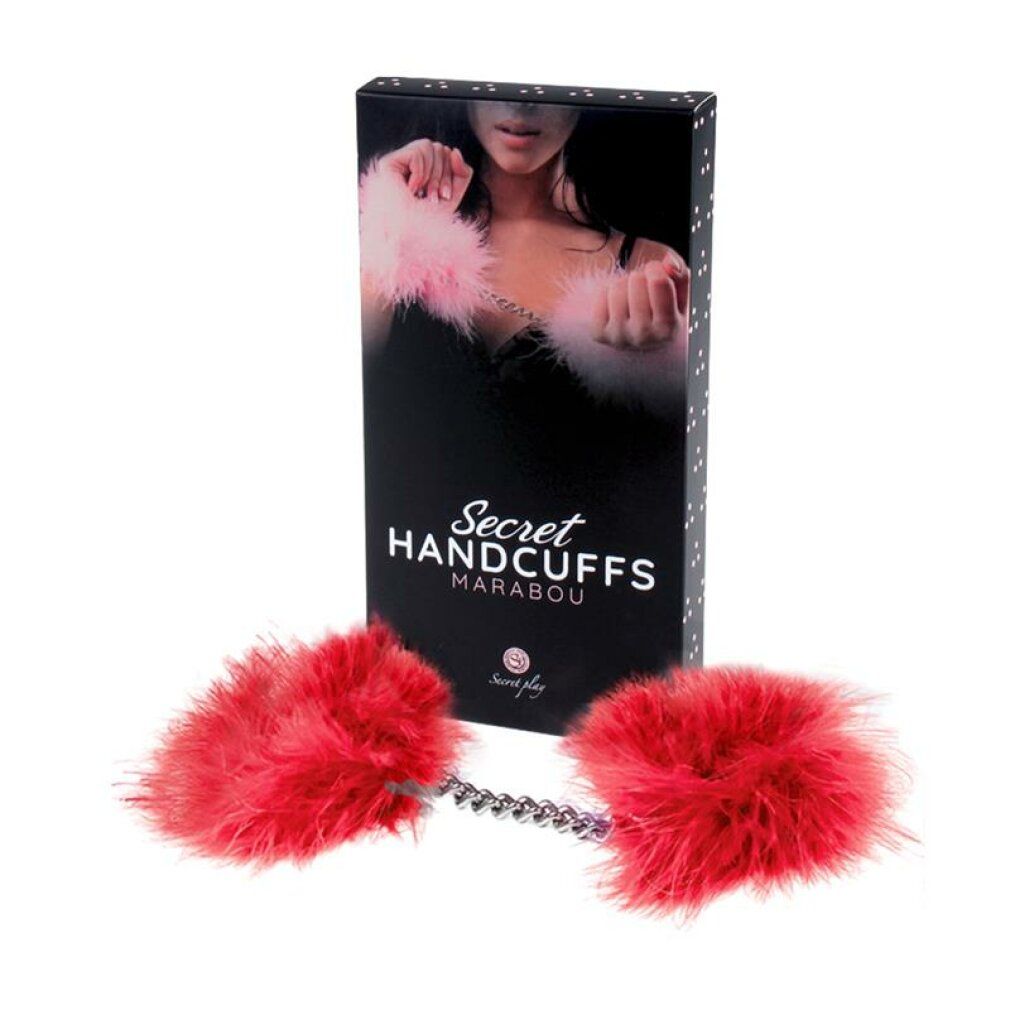 Rote Marabu-Handschellen mit Kette. Auf der Verpackung steht "Secret Handcuffs Marabou".