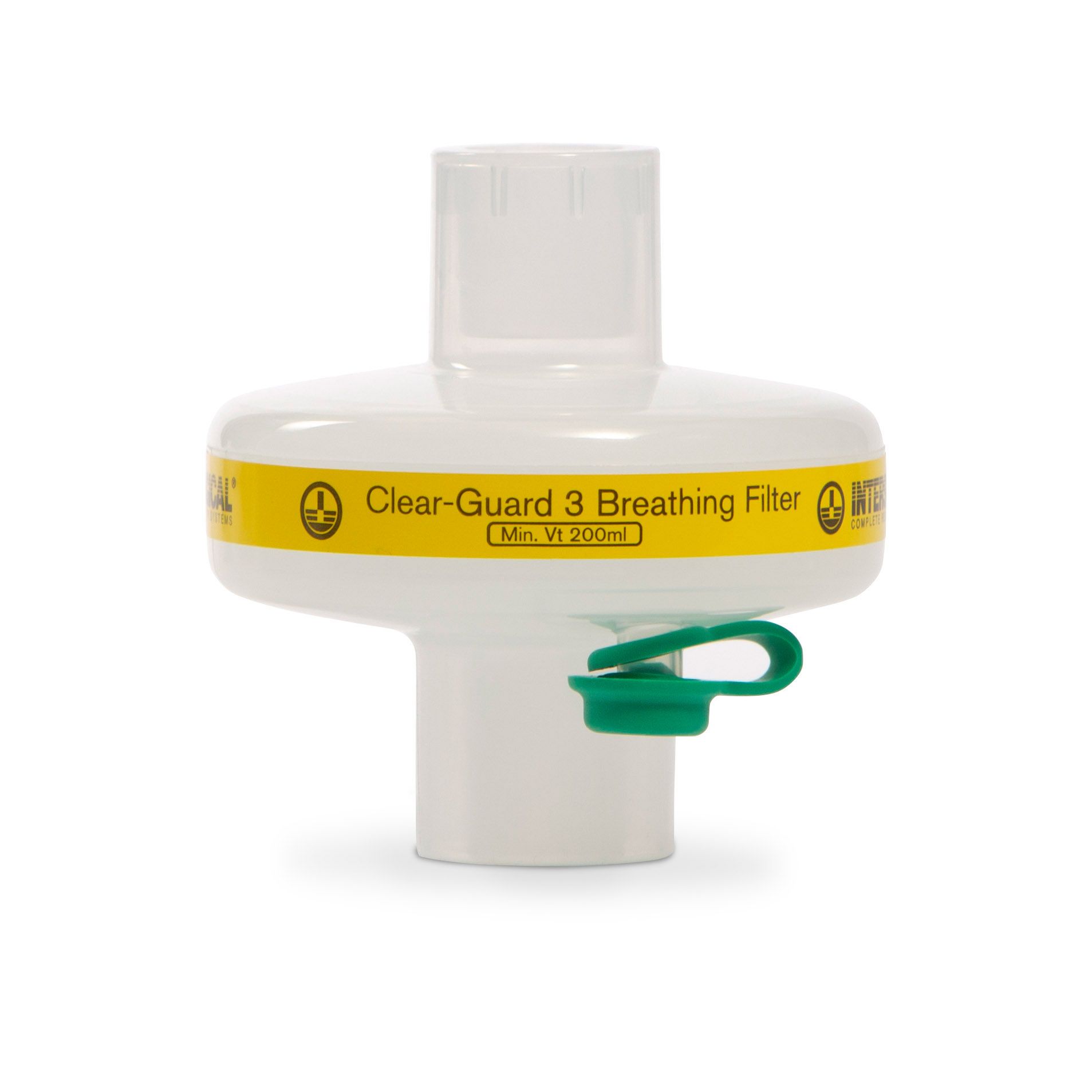 Weißer Intersurgical Clear-Guard 3 Beatmungsfilter mit gelbem Streifen und grüner Kappe. Text: Clear-Guard 3 Breathing Filter.