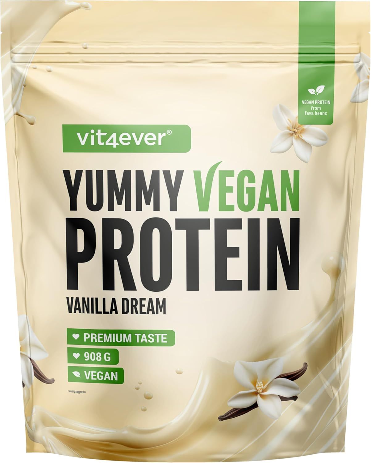 Beutel Yummy Vegan Protein, Vanille Dream. Enthält 908g, vegan. Marke: vit4ever.