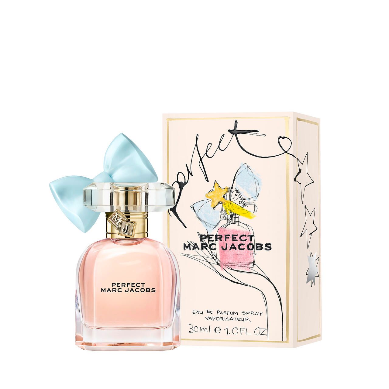 Parfümflakon und Verpackung. Flakon mit hellblauem Schleifendeckel. Verpackung mit Aufschrift: PERFECT MARC JACOBS. 30ml.