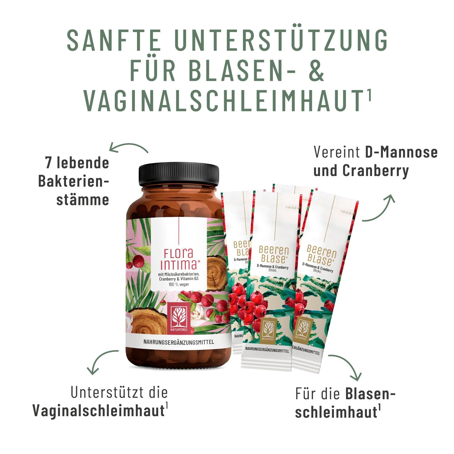 Flasche Flora Intima und Beerenblase Sticks auf einem Sofa.