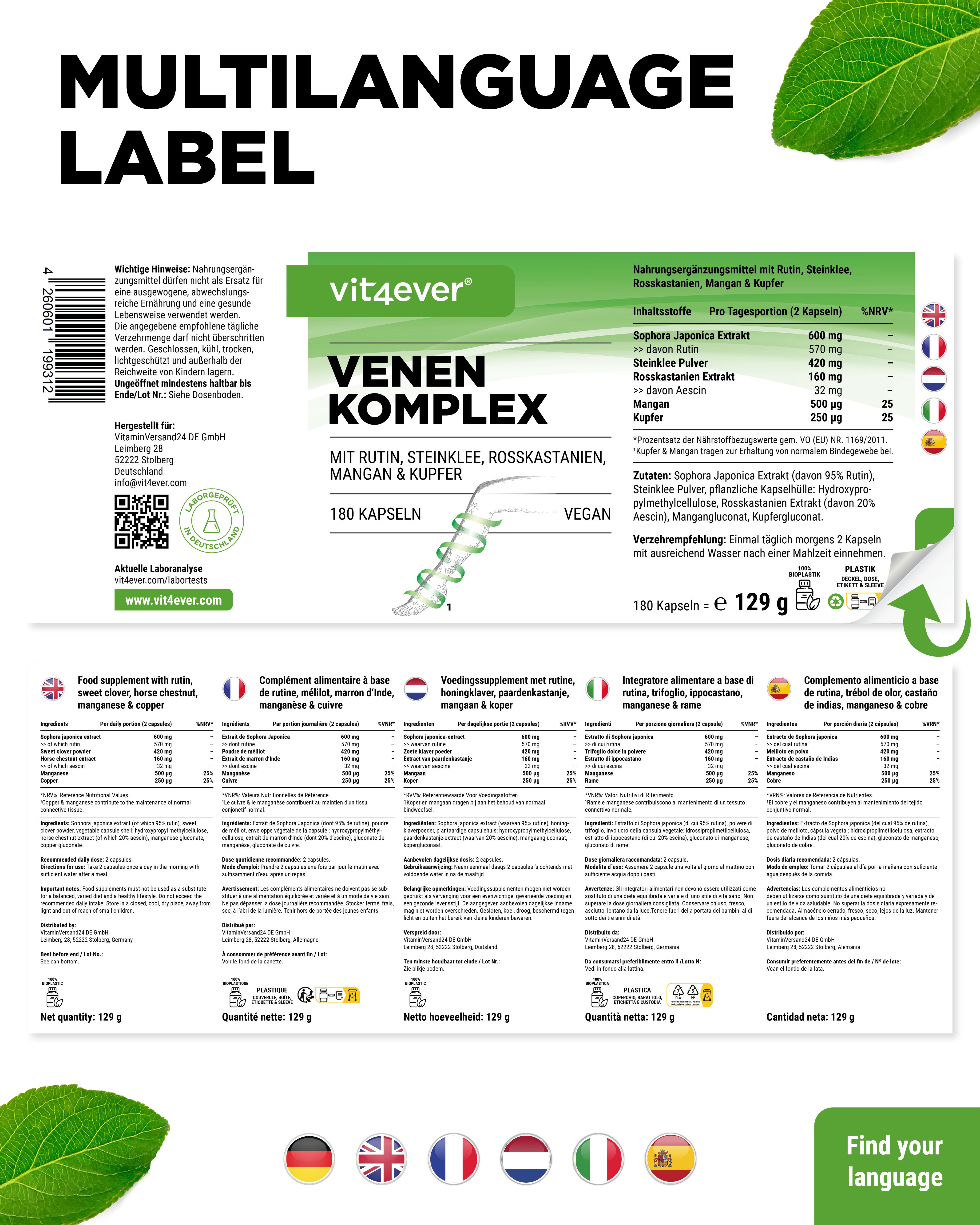 Etikett des Venen Komplex in mehreren Sprachen. Enthält Informationen zu Inhaltsstoffen und Dosierung.