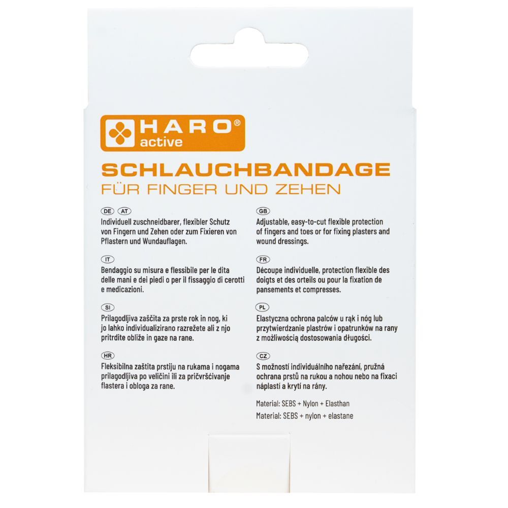 Rückseite der Verpackung mit Schlauchbandage für Finger und Zehen. Text in Deutsch, Englisch, Italienisch, etc. Material: SEBS + Nylon + Elasthan.