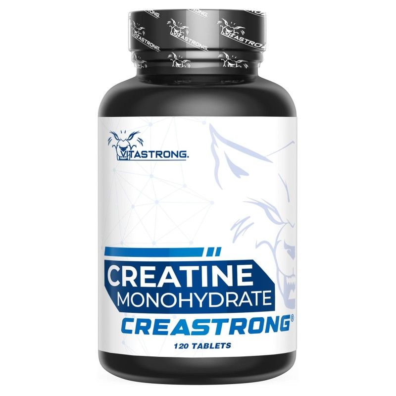 Schwarze Flasche mit weißem Etikett. Enthält Text: Creatine Monohydrate Creastrong, 120 Tabletten.