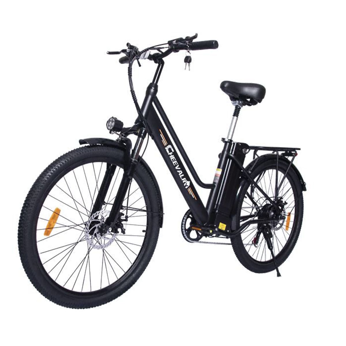 Schwarzes Elektrofahrrad mit Frontscheinwerfer. Marke Cheevalry.