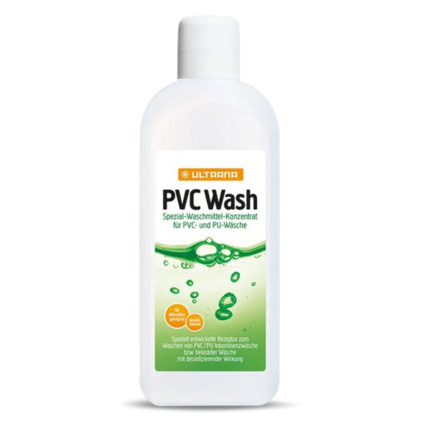 Weiße Flasche mit Etikett. Aufschrift: Ultrana PVC Wash. Spezial-Waschmittel-Konzentrat für PVC- und PU-Wäsche. Grünes Design mit Blasen.