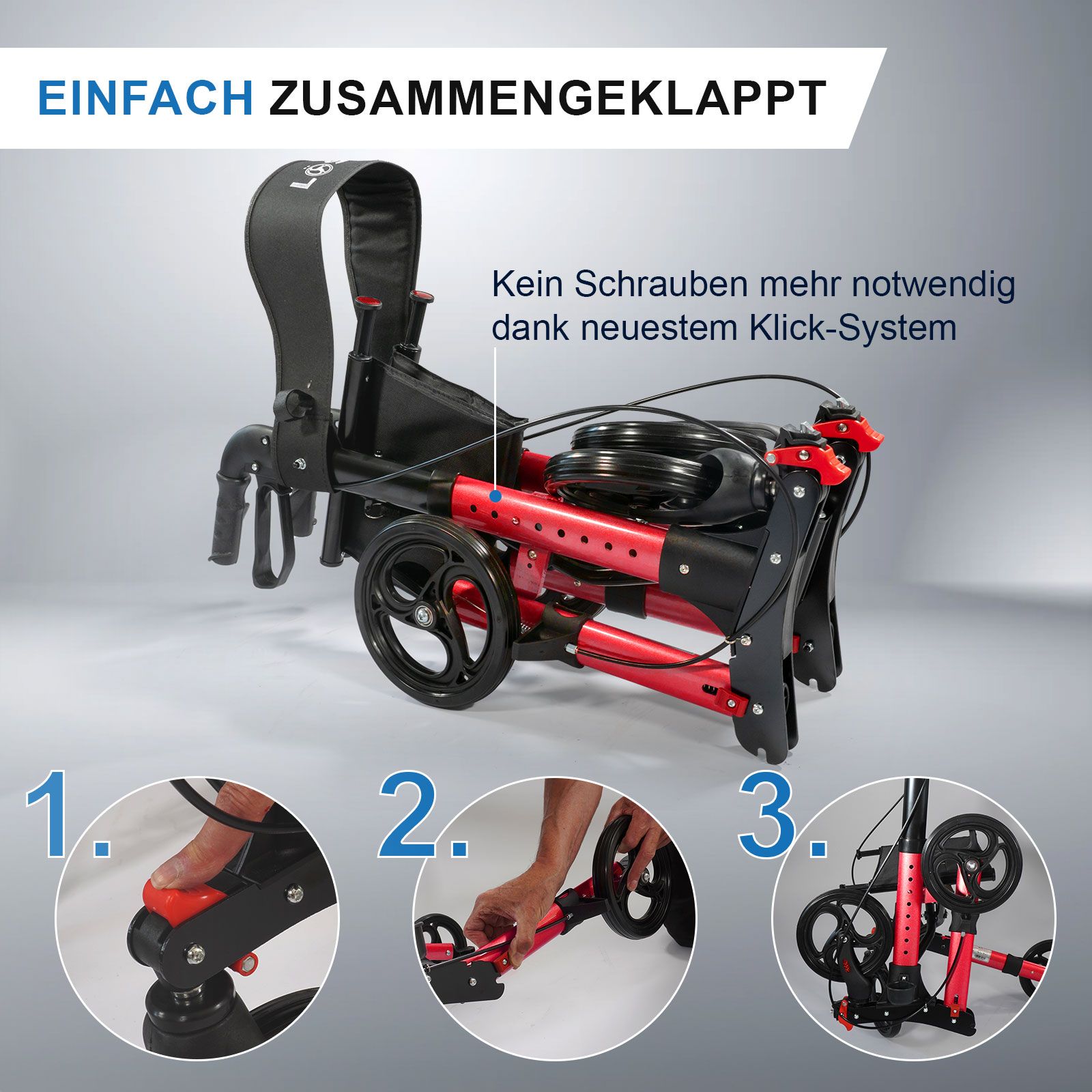 Rollator mit rotem Rahmen, schwarz zusammengeklappt. Einfaches Klappsystem. Marke LÖSCH.