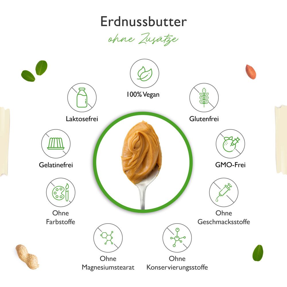Löffel mit Erdnussbutter, umgeben von Icons: laktosefrei, vegan, glutenfrei, ohne Farbstoffe, ohne Geschmacksstoffe, ohne Konservierungsstoffe.