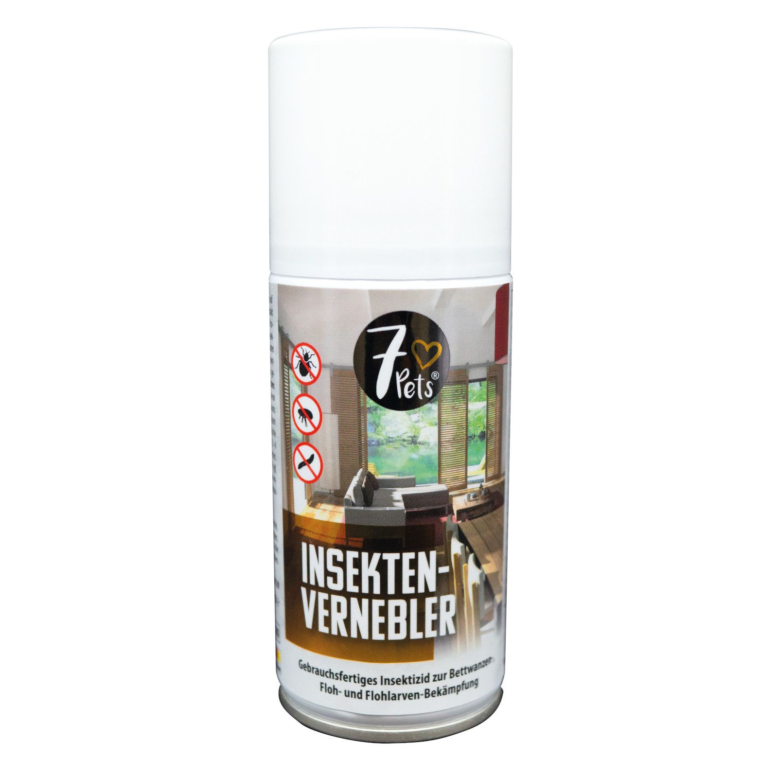 Zylindrische Dose mit weißem Deckel. Aufschrift: 7 Pets, Insekten-Vernebler. Produkt zur Bekämpfung von Ungeziefer. Illustrationen von Insekten.