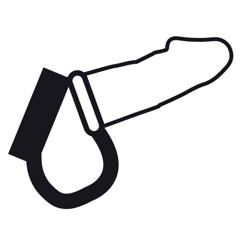 Schwarz-weiß-Illustration eines Penis- und Hodenrings. Der Ring umschließt den Penis. Der Ring ist aus Metall.