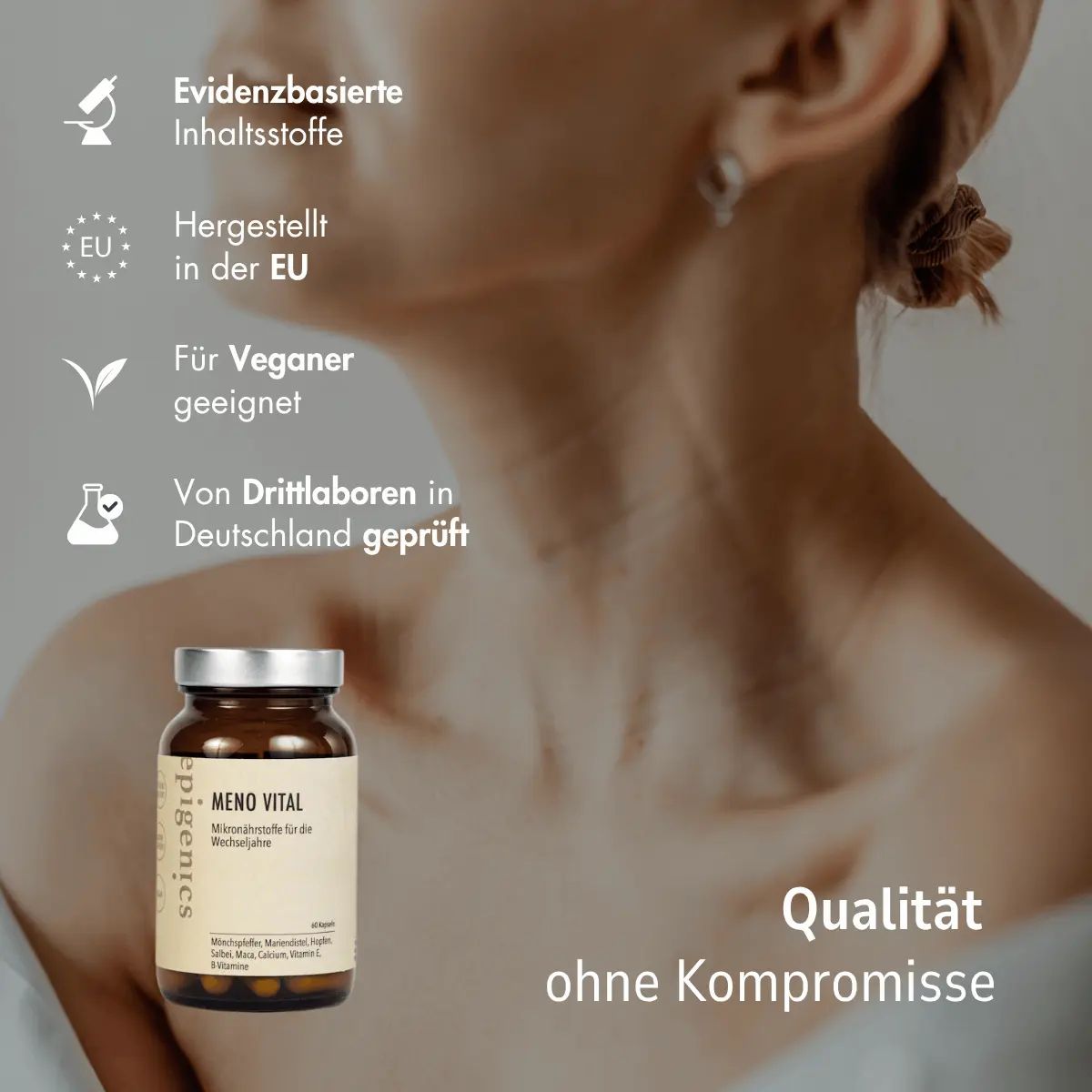 Braune Glasflasche mit Kapseln. Text: Meno Vital, Mikronährstoffe für die Wechseljahre. Siegel: EU, vegan, geprüft in Deutschland.