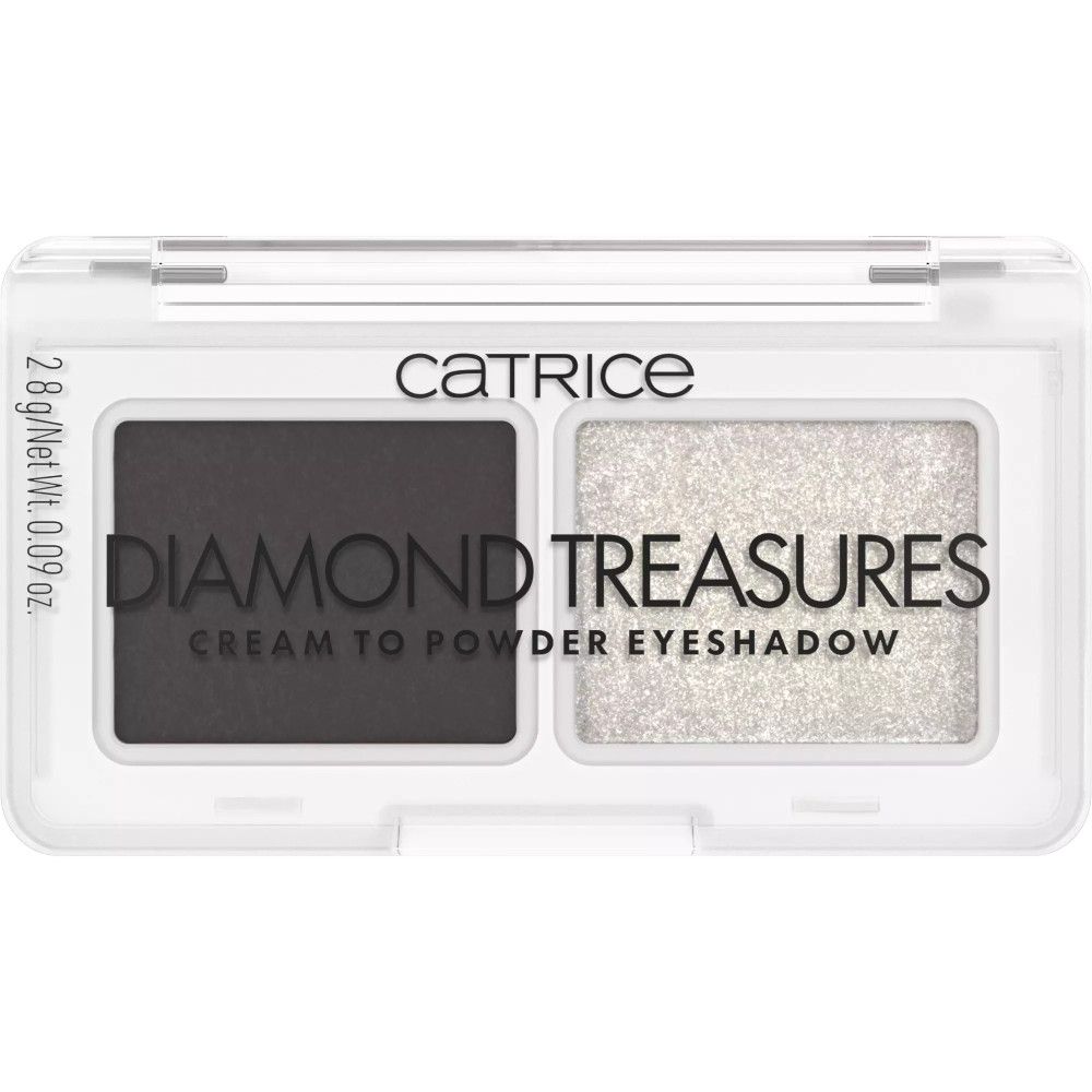 Catrice Diamond Treasures Lidschatten-Palette. Zwei Farben: Dunkelgrau und Silber. Verpackung mit Produktinformationen.