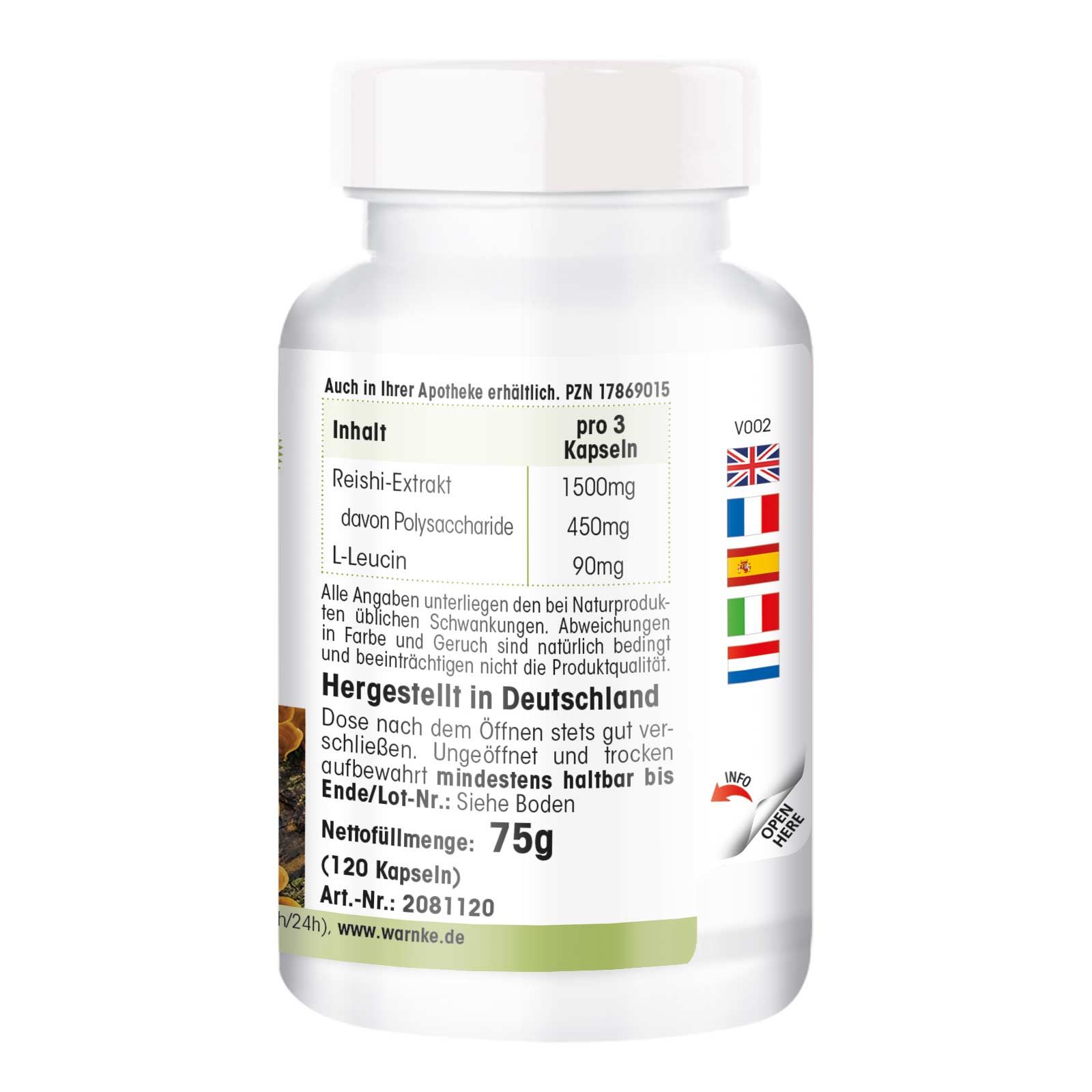 Rückseite der weißen Flasche mit Reishi-Extrakt. Text: Inhalt, hergestellt in Deutschland, Nettomenge 75g, 120 Kapseln.