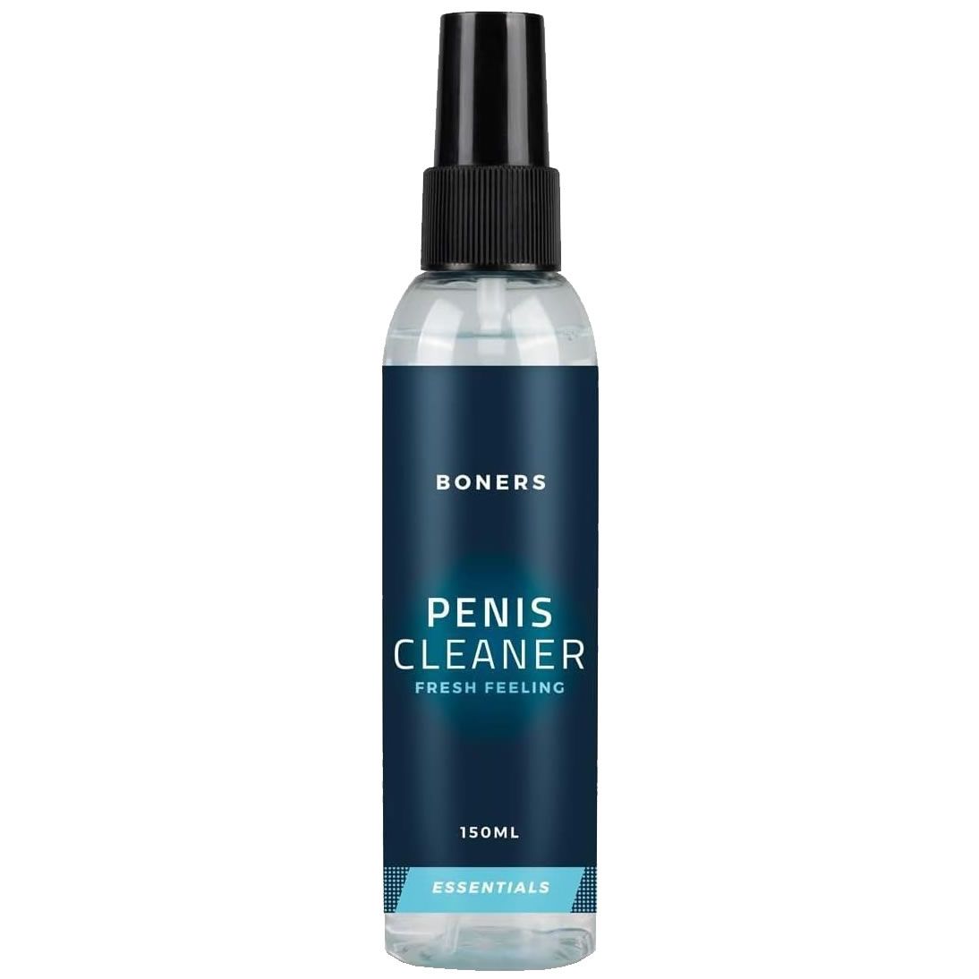 Transparente Flasche mit schwarzem Sprühkopf. Aufschrift: BONERS, PENIS CLEANER, FRESH FEELING. Blaue Etikett mit weißer Schrift.