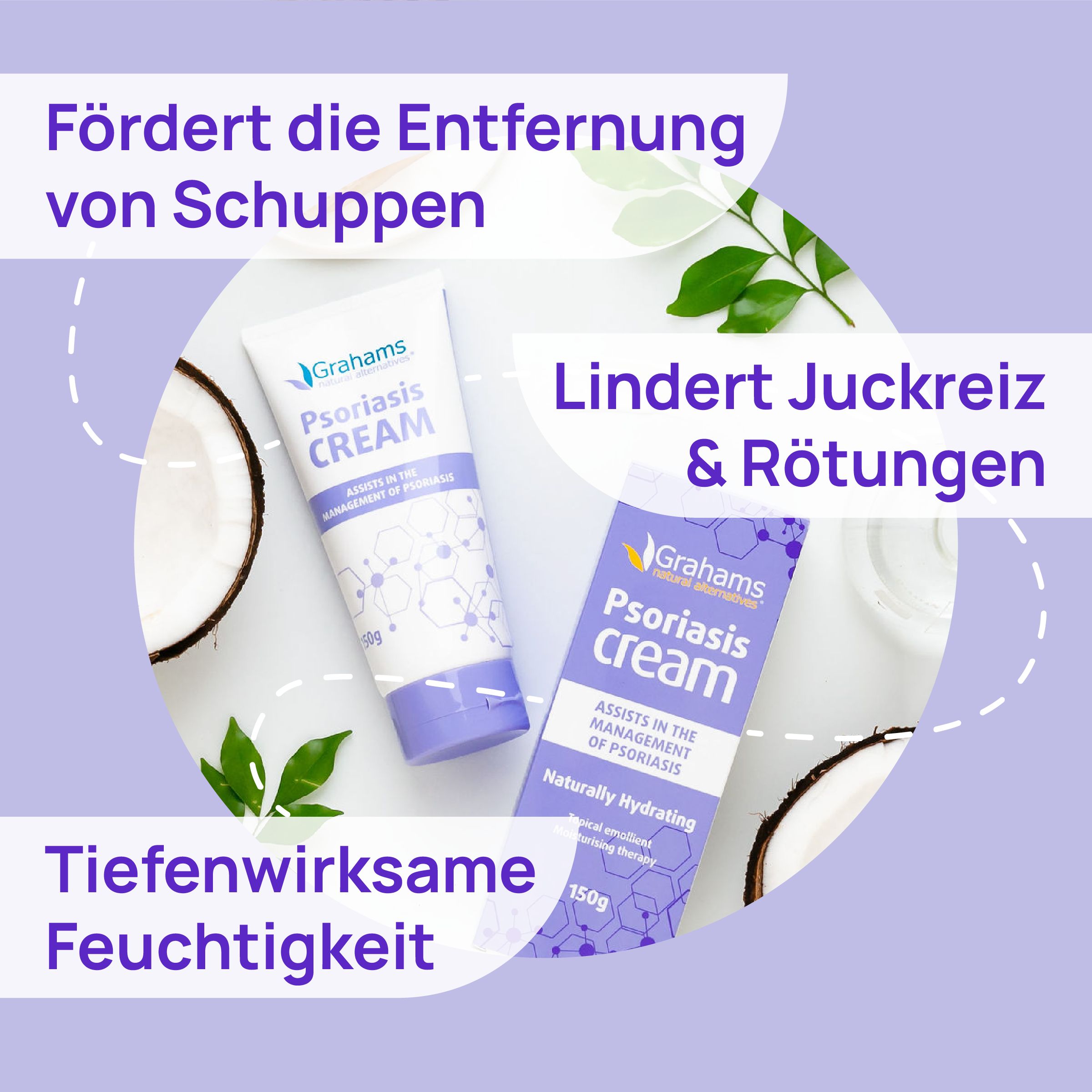 Zwei Tuben Grahams Psoriasis Creme und eine Verpackung. Text: Fördert die Entfernung von Schuppen, lindert Juckreiz.