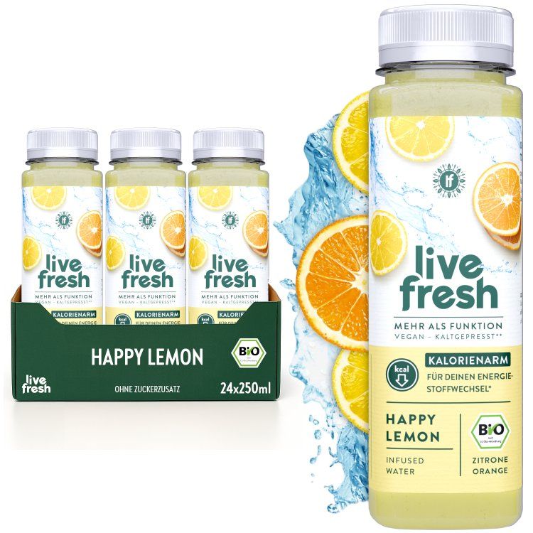 Bild: LiveFresh Happy Lemon. Flaschen mit Zitronen und Orangen. Bio-Siegel. Kalorienarm. 24x250ml.